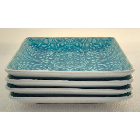PLATES-APPETIZER/BREAD & BUTTER-ROSCHER-Blue-Embossed Finish-6 in Square-Set 4 - Picture 3 of 10